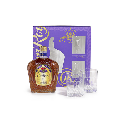 CROWN ROYAL CANADIAN WHISKY FINE DE LUXE 80 W/ HOLIDAY GLASSES 1L