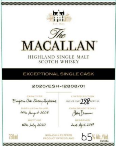 THE MACALLAN EXCEPTIONAL SINGLE CASK 2020 - 12808 SINGLE MALT SCOTCH WHISKY 750ML