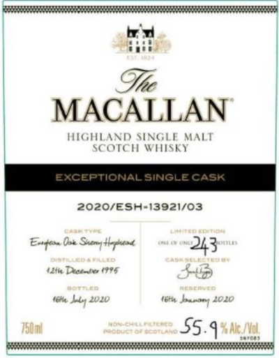 THE MACALLAN EXCEPTIONAL SINGLE CASK 2020 - 13291 SINGLE MALT SCOTCH WHISKY 750ML