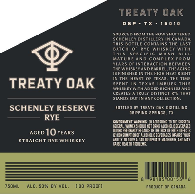 TREATY OAK SCHENLEY RSV RYE 750ML