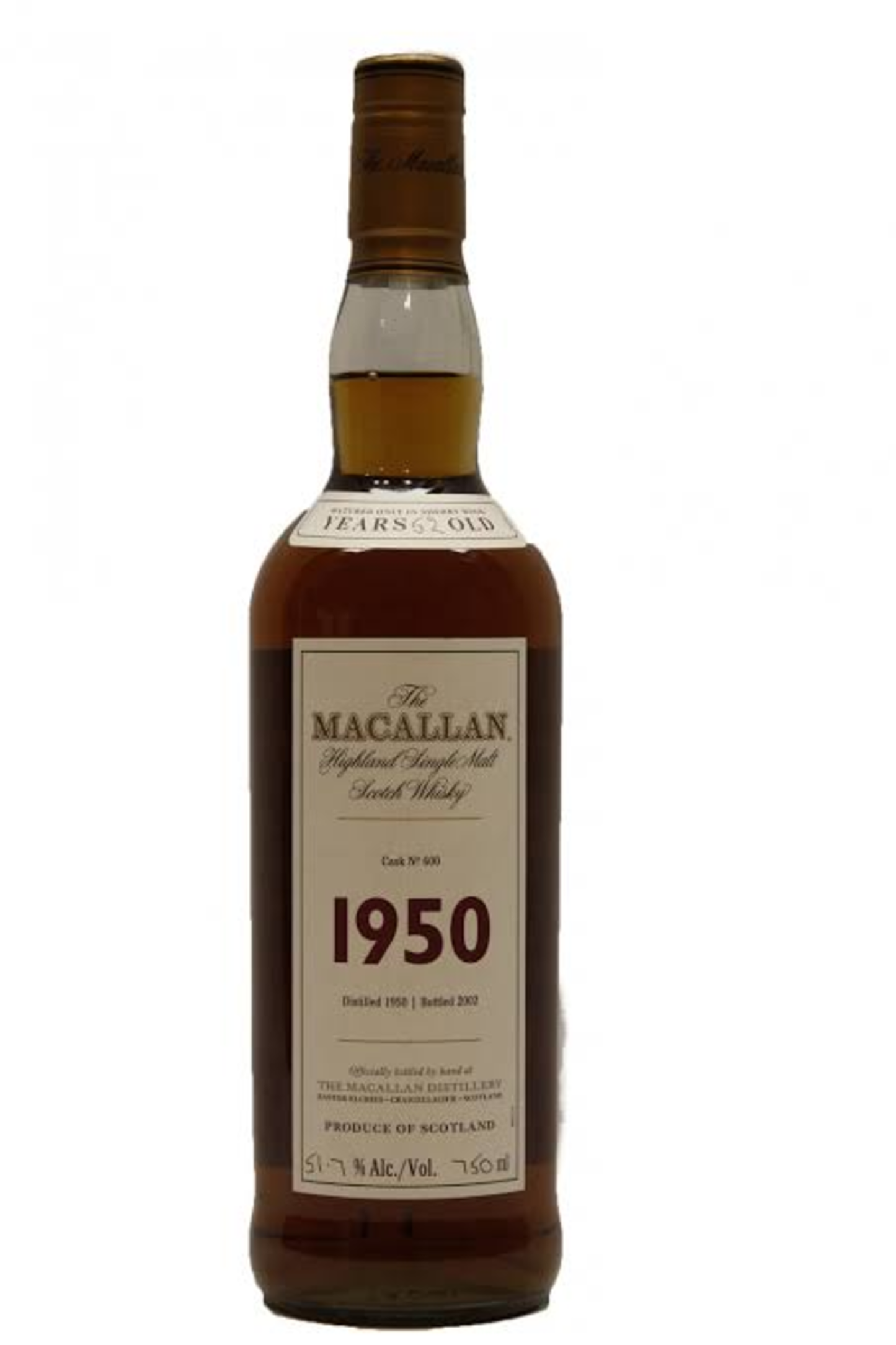 THE MACALLAN FINE & RARE 1950 VINTAGE, CASK 600 SINGLE MALT SCOTCH WHISKY 750ML