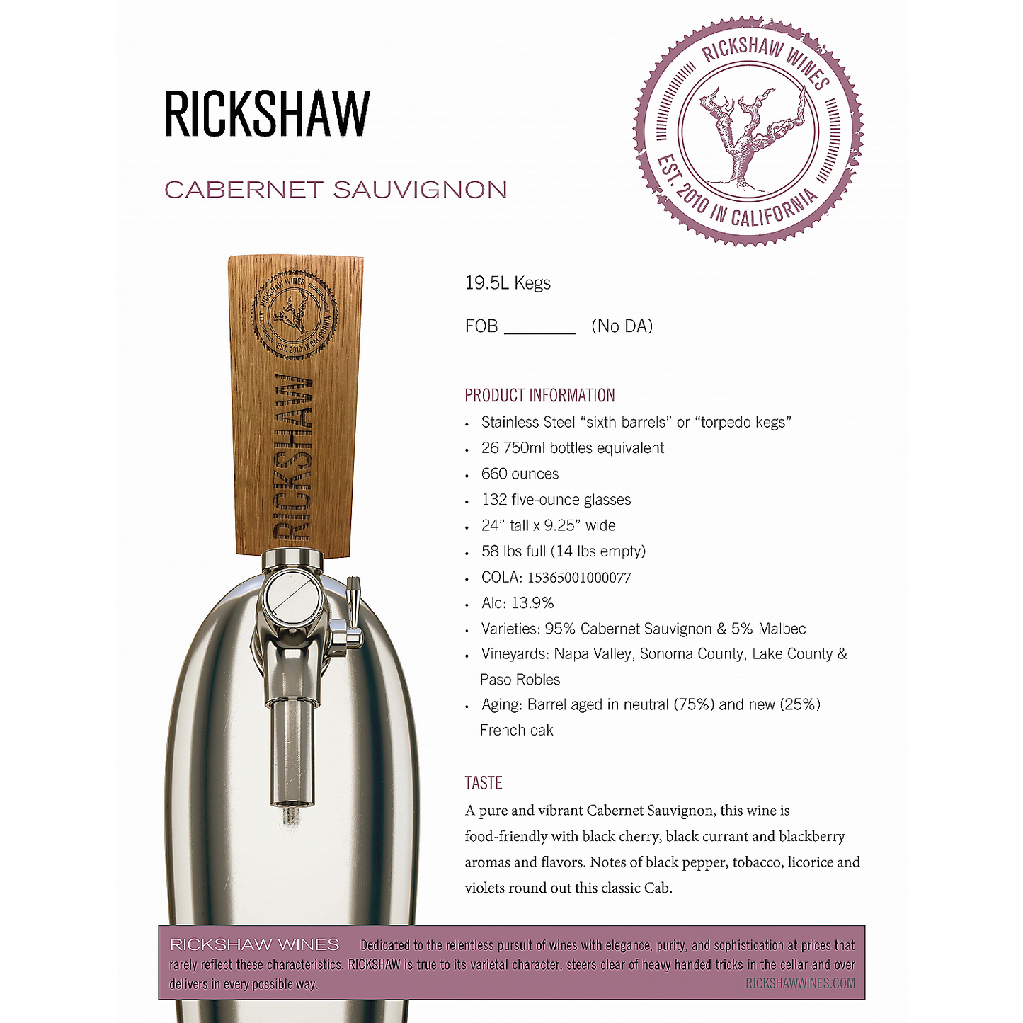 RICKSHAW CABERNET SAUVIGNON CALIFORNIA 19.5L