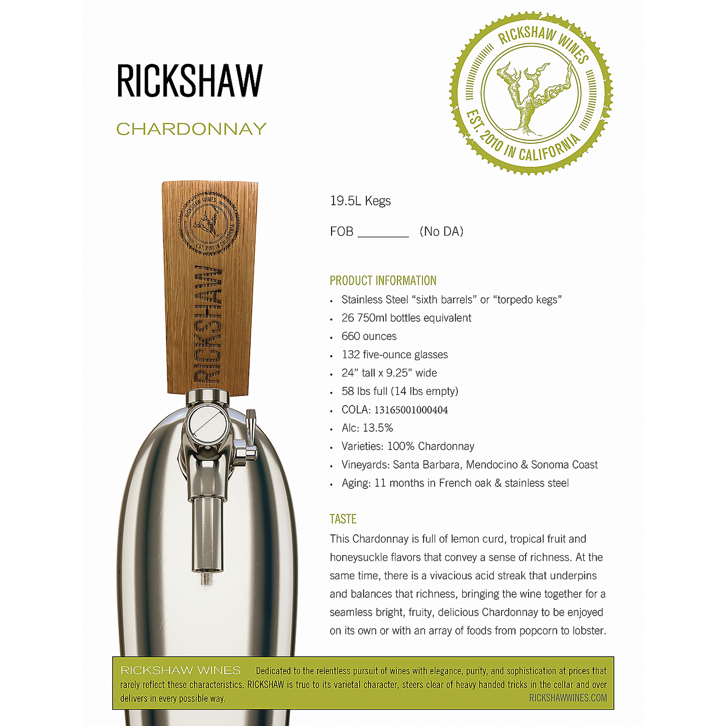 RICKSHAW CHARDONNAY CALIFORNIA 19.5L