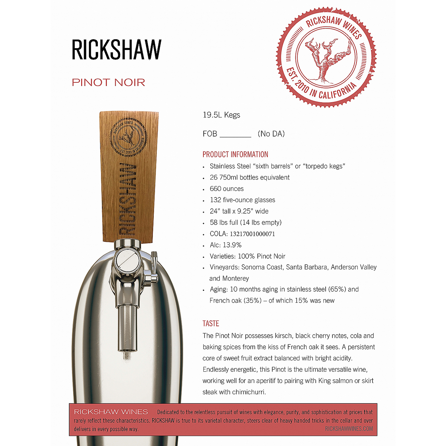 RICKSHAW PINOT NOIR CALIFORNIA 19.5L
